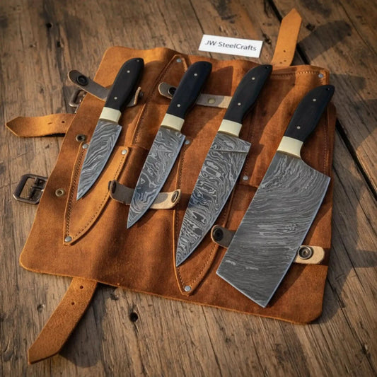 Artisan 4-Piece Damascus Fire Pattern Chef Knife Set — Full-Tang, Black Resin Handles, Brass Bolster