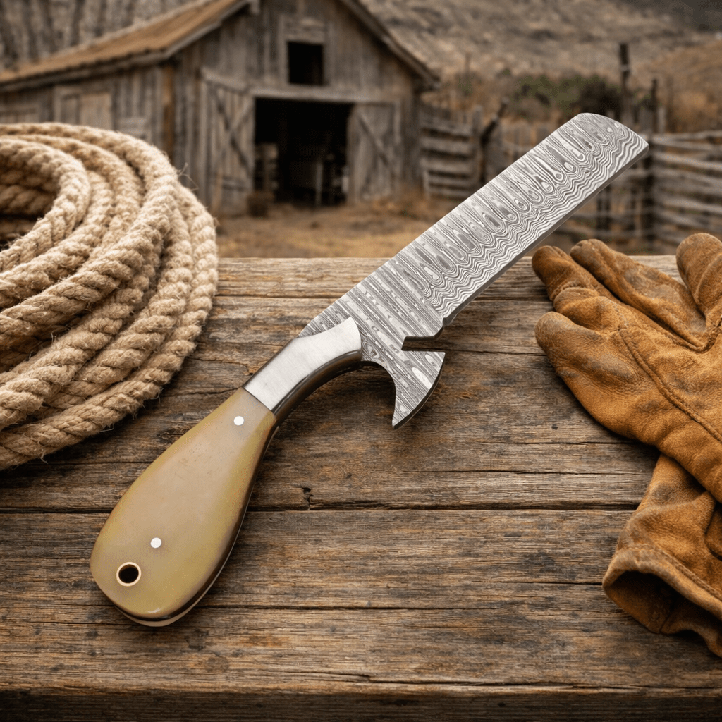 Maverick Bull Cutter – Hand-Forged Damascus Cowboy Skinner Knife with Leather Sheath