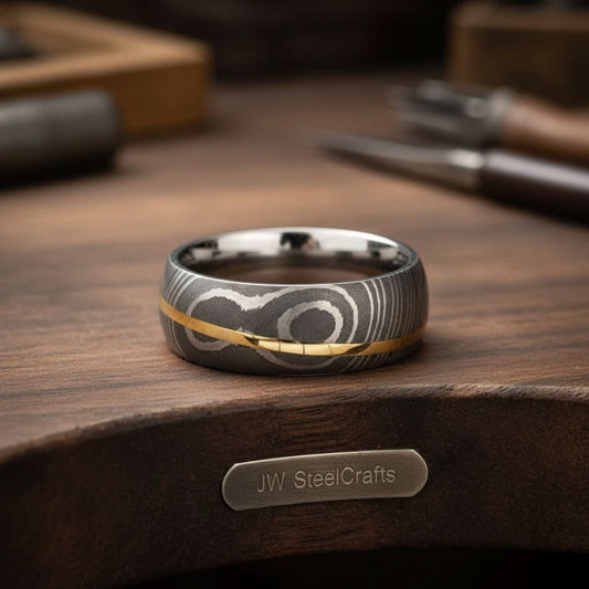 Mens Damascus Steel Wedding Band Raindrop Pattern with Brass Inlay