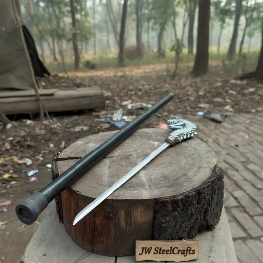 Handmade Cobra Head Sword Cane with Polished Steel Blade and Black Walking Shaft for Collection and Display