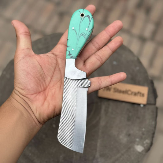 7.5-Inch Rasp Steel Bull Cutter Knife — Teal Marbled Resin Handle, Silver Pins, Lanyard Hole & Leather Sheath | JW Steel Crafts