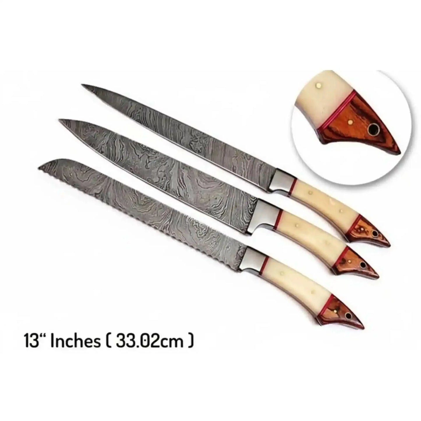 6-Piece Damascus Kitchen Knife Set — Chef, Bread, Fillet, Cleaver & Utility Knives with White Bone and Red Wood Handles, Leather Roll & Sharpener
