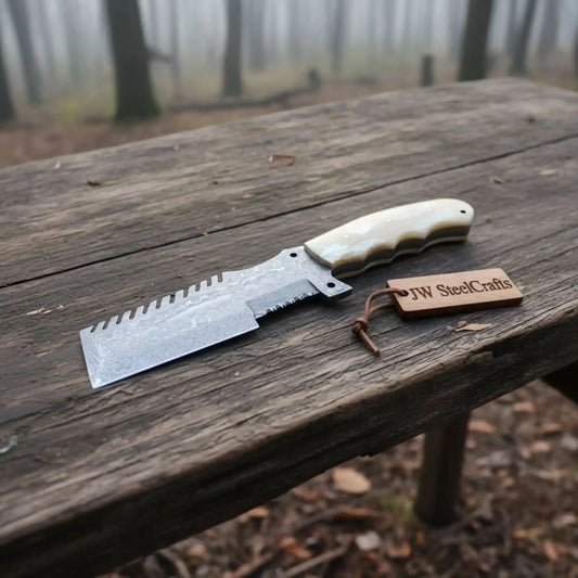 Handmade Damascus Tracker Knife with Bone Handle, Fixed Blade
