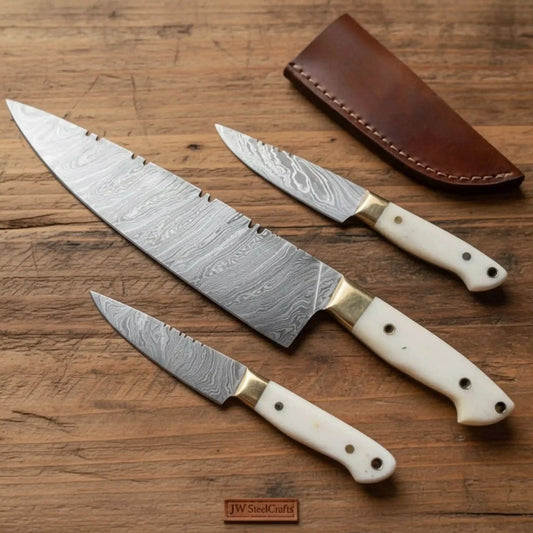 3-Piece Damascus Chinese Cleaver Knife Set – 14" Cleaver, Utility & Paring Knives, White Micarta Handles, Brass Bolsters