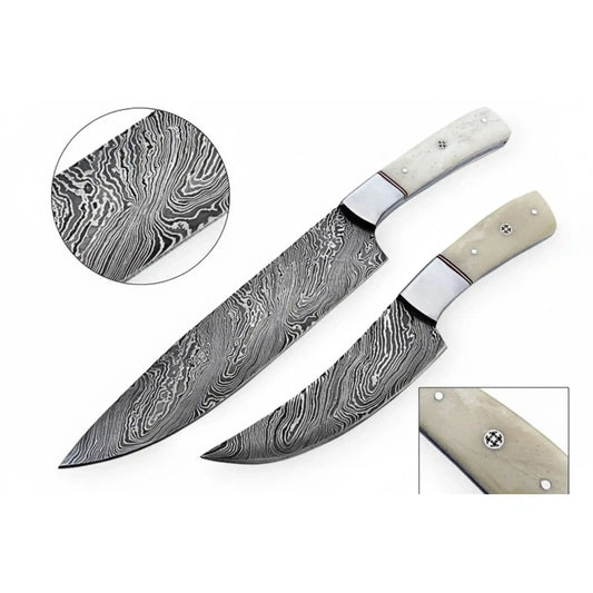 2-Piece Damascus Chef Knife Set — 10 & 8 Inch Wave Pattern Blades, White Camel Bone Handles & Steel Bolsters | JW Steel Crafts