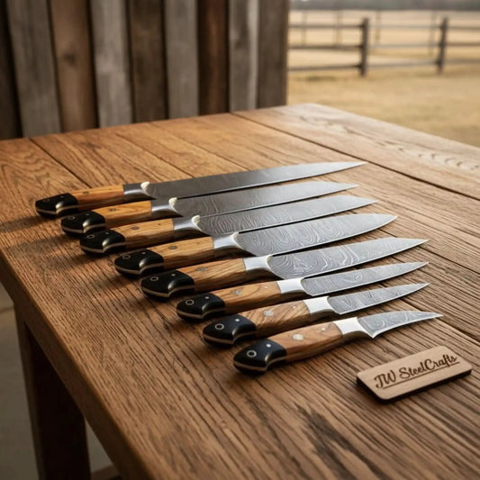 8-Piece Damascus Fillet & Precision Utility Knife Set — Olive Wood & Black Resin Handles, Full Tang with Steel Bolster