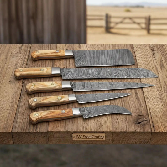 5-Piece Full Tang Damascus Kitchen Knife Set — Chinese Cleaver, Long Slicer & Olive Wood Handles