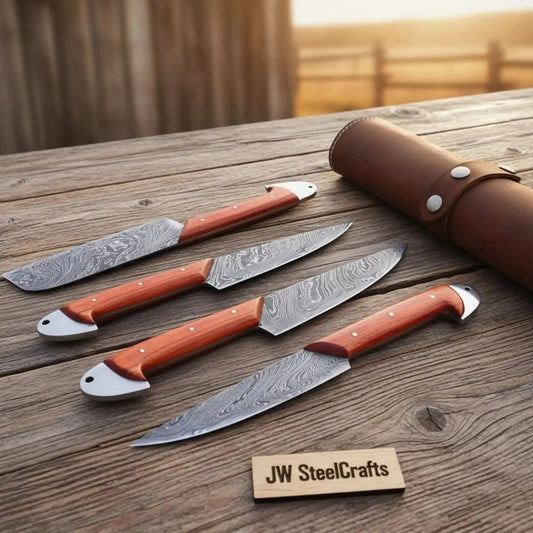 Handmade Damascus Camping & Hunting Knife Set - Orange Wood Handle