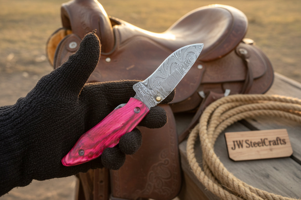 Pink Pakka Wood Damascus Folding Knife 7” Handmade Persian EDC Pocket Knife