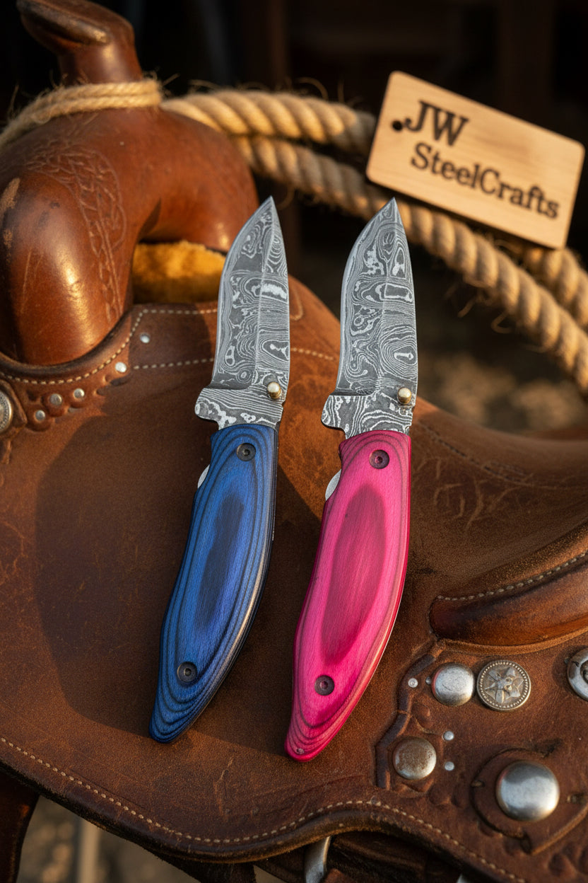Persian Damascus Folding Knife Set 7” opened Pink & Blue Pakka Wood EDC Blades