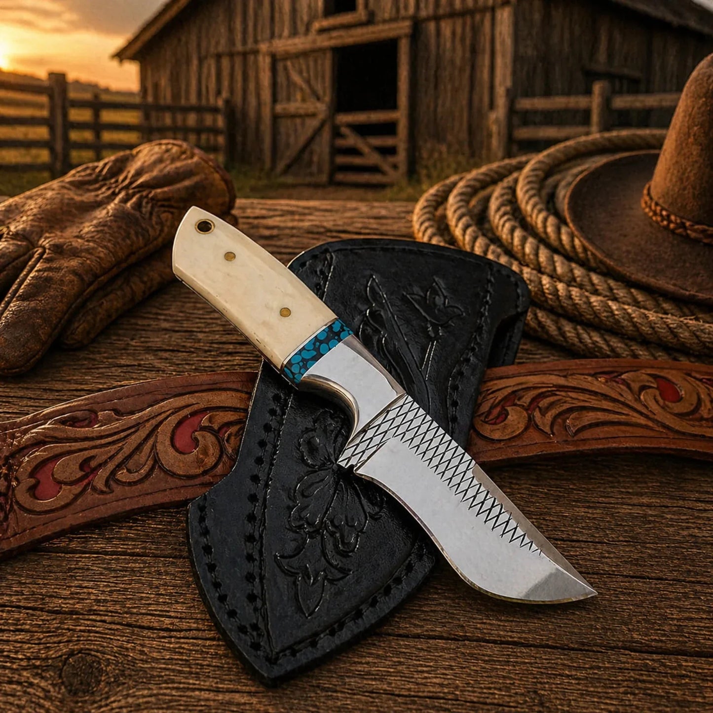 Pancake Sheath Knife – Rasp Steel Blade With Bone & Turquoise Handle