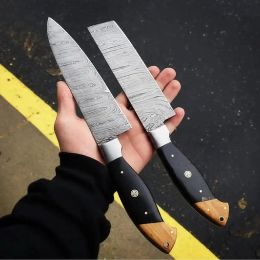 Japanese Damascus Kitchen Knife Pair – Gyuto & Nakiri | 13” Chef Knife & 12” Cleaver, Olive Wood Handle, Full Tang