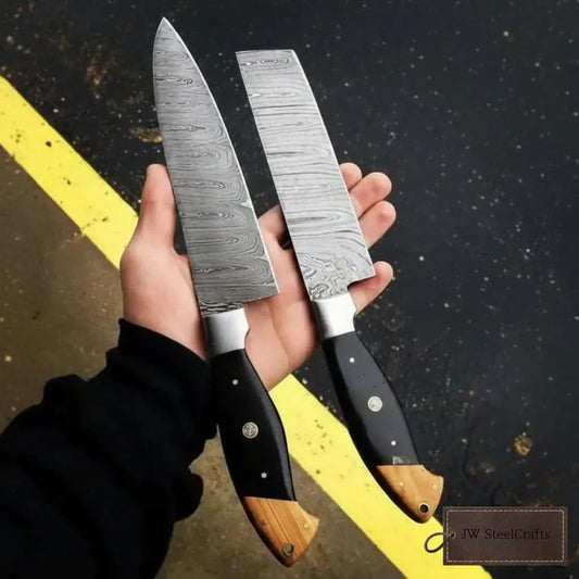 Twisted Damascus 12” Cleaver & 13” Chef Knife – Black Micarta and Olive Wood
