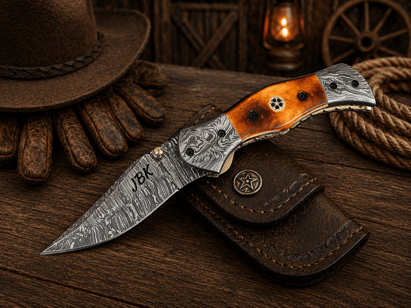 Personalized Damascus Steel Pocket Knife – 7.5” Folding Knife with Burnt Camel Bone Handle & Belt Clip