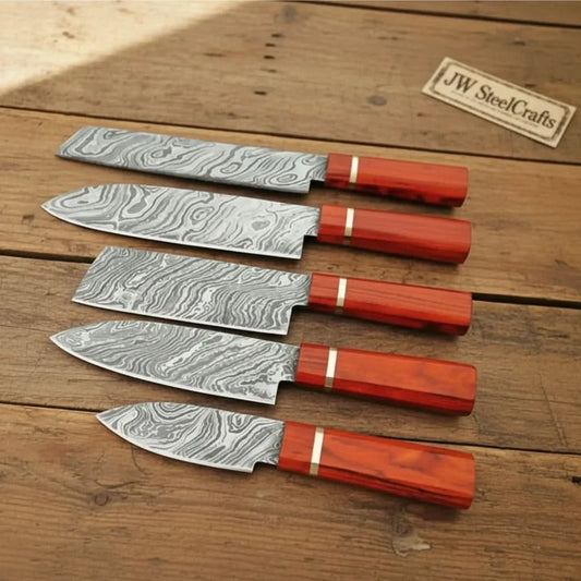 5-Piece Twisted Damascus Kitchen Knife Set — Sujihiki, Gyuto, Nakiri, Utility & Petty with Red Pakka Wood Handles | JW Steel Crafts