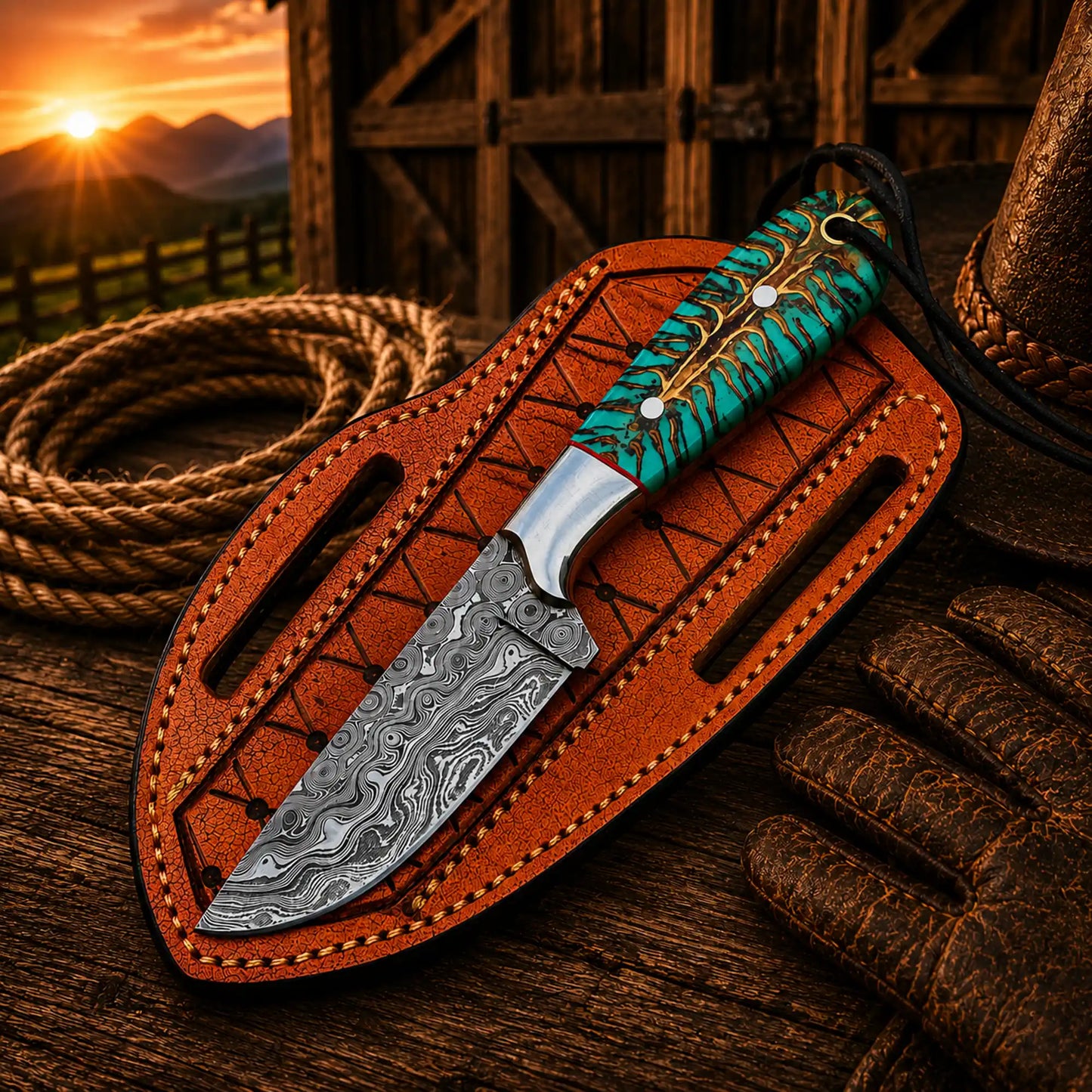 Pinecone Cowboy Working Knife – Damascus Steel 3.5" Blade