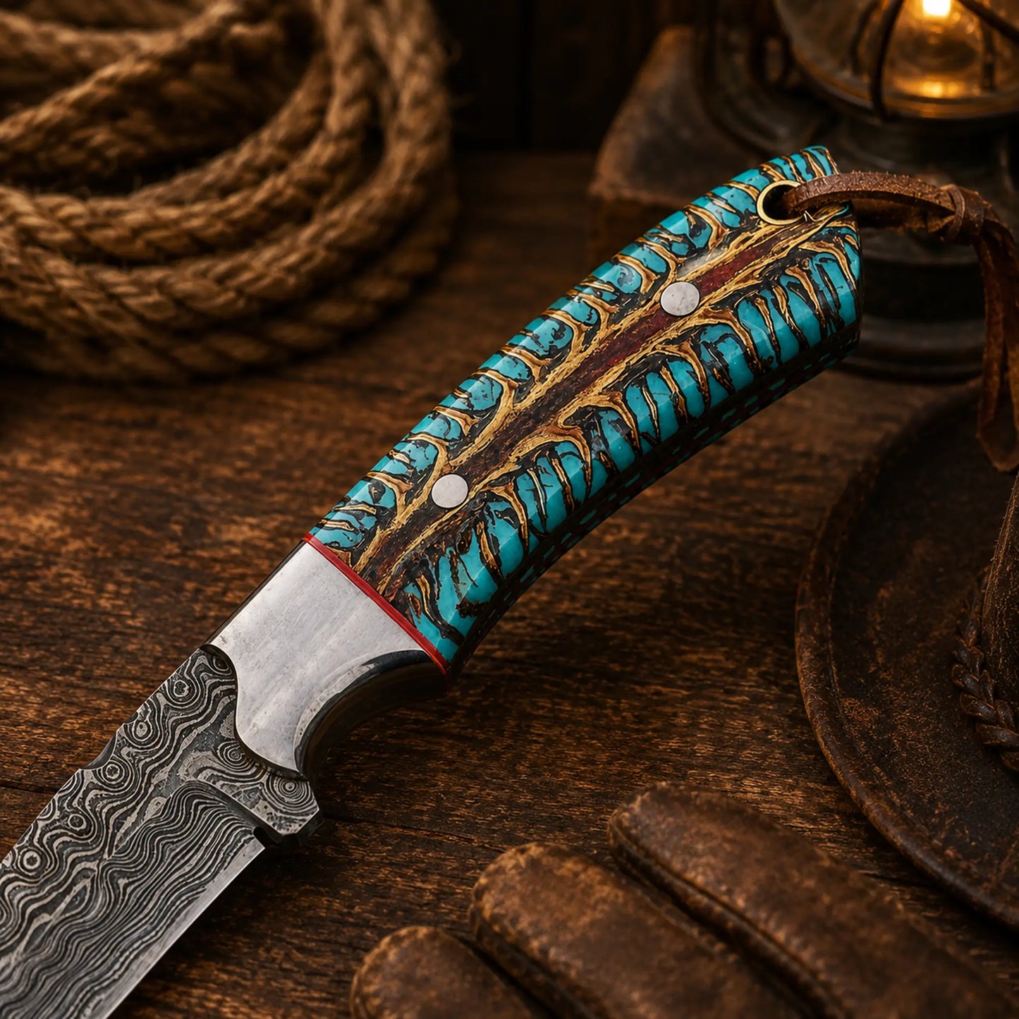 Western Belt Carry Knife – 4” Damascus Blade Pinecone Handle