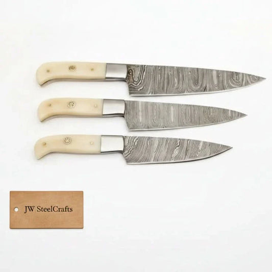 Handmade Damascus 3-Piece Kitchen Knife Set with Bone Handles, Slicing Carving and Chef Knives