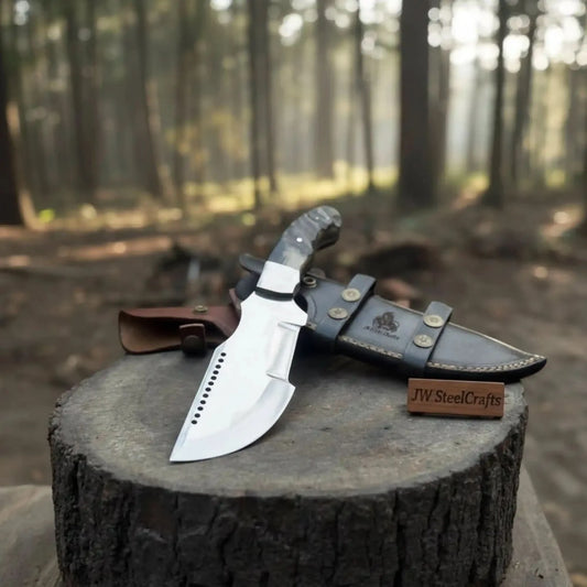 Handmade Carbon Steel Tracker Knife – Ram Horn or Wendi Wood Handle | Heavy Duty Hunting & Camping Knife | JW SteelCrafts