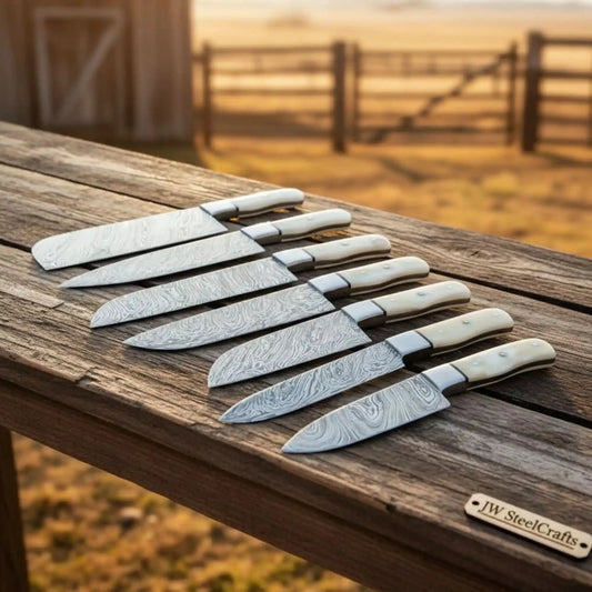 7-Piece Handmade Damascus Steel Kitchen Knife Set – Camel Bone Handles | Chef, Santoku, Slicer, Utility, Boning, Paring & Petty