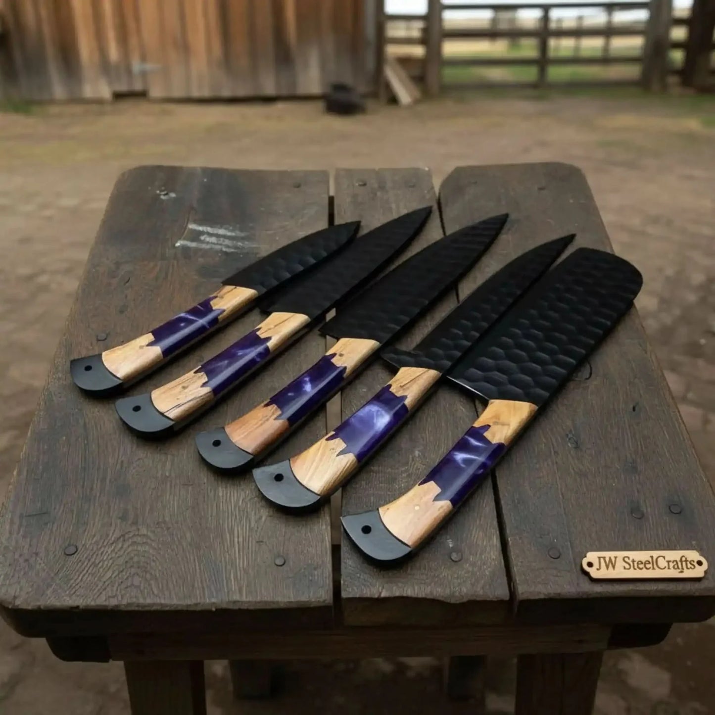 5-Piece Hand-Forged Chef Knives Set – Black Blades, Purple Resin & Olive Wood Handles