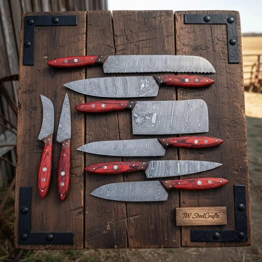 Damascus Kitchen Knife Set of 8, Hand-Forged with Red Pakka Handles
