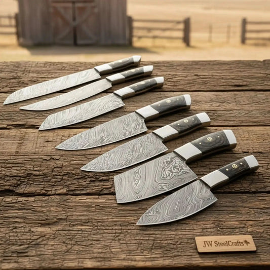 7-Piece Damascus Kitchen Knife Set — Chef, Santoku, Nakiri, Cleaver, Slicing, Utility & Paring with Dark Pakka Wood Handles