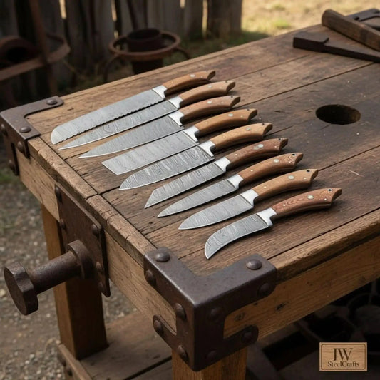 9-Piece Handmade Damascus Kitchen Knife Set with Japanese Blade Profiles and Walnut Wood Handles
