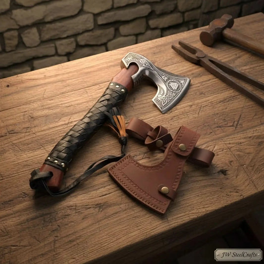 Viking Rune Engraved Bearded Hatchet with Leather Wrapped Handle