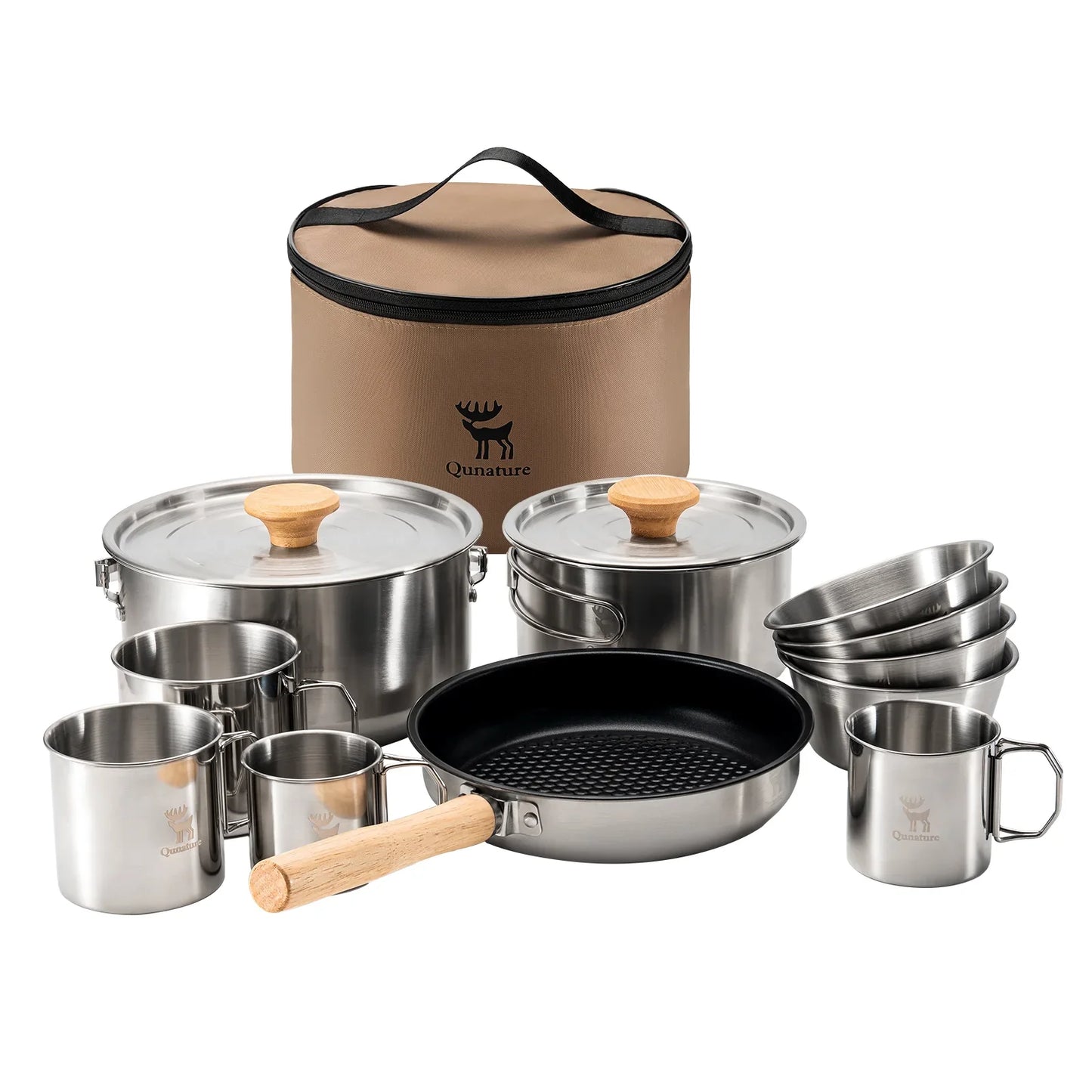 304 Stainless Steel 5-Piece Camping Cookware Set with Teflon Coating