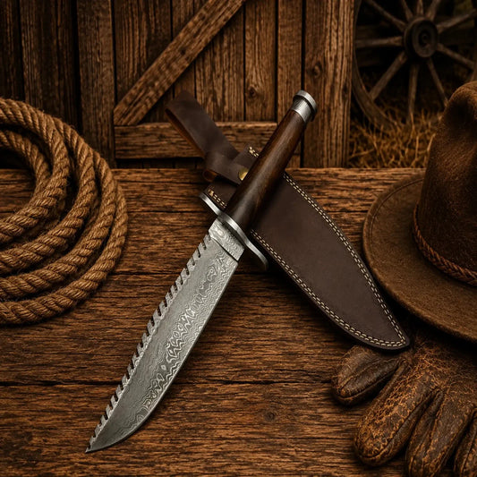 Real Rambo Bowie Knife – Damascus Steel Walnut Wood Handle