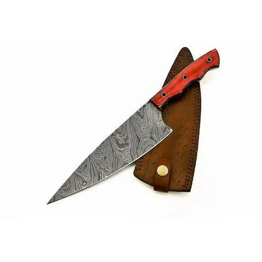 Custom Forged Damascus Camp Chef Knife — Traditional German Butcher-Style Blade with Red Wood Handle
