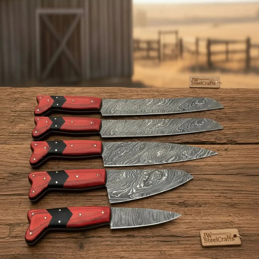 Handmade Red Wood Handle Damascus Kitchen Knife Set - 4 Piece Carving Chef Utility