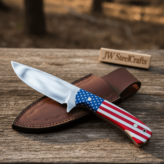 Handmade Drop Point Hunting Knife – High Polish Bearing Steel Blade, USA Flag Handle, Full Tang Fixed Blade