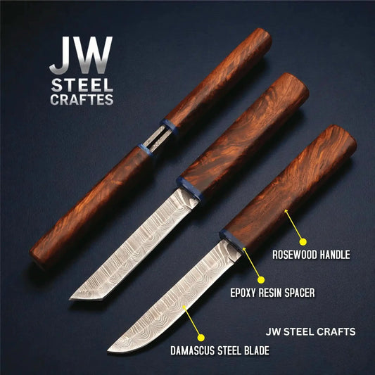 Damascus Utility Knife — 5-Inch Blade, Natural Rosewood Handle, Blue Epoxy Resin Spacer and Interlocking Wood Scabbard