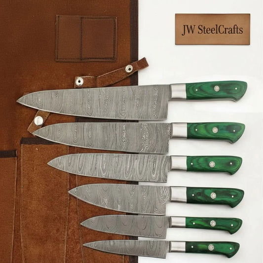 6-Piece Handmade Damascus Steel Kitchen Knife Set, Green Wood Handle, Professional Chef Culinary