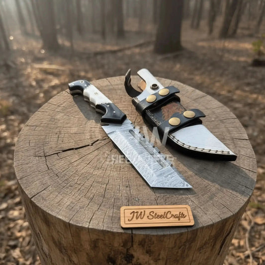 10-Inch Damascus Tracker Knife — Black & White Resin Handle, Filework Spine, Curved Guard & Leather Sheath
