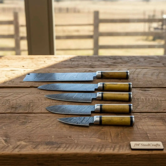 Pattern-Welded Damascus Japanese Kitchen Set — Nakiri, Bunka & Petty Knives (5 pcs)