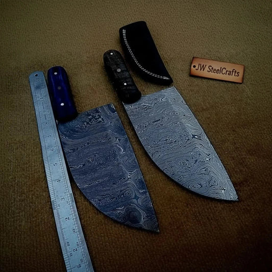 Pair of Chinese Vegetable Cleavers — Damascus Steel, Stabilized Wood (SMT) Full-Tang Handles lol