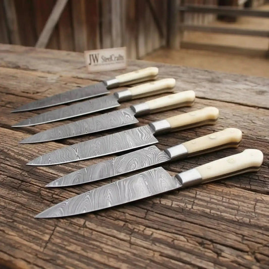 Artisan 7-Piece Damascus Steak Knife Set — Bone Handles, Mosaic Pins & Steel Bolsters