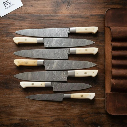 Damascus Western Chef & Carving Knife Set – 7-Piece Full Tang Collection with Camel Bone Handles