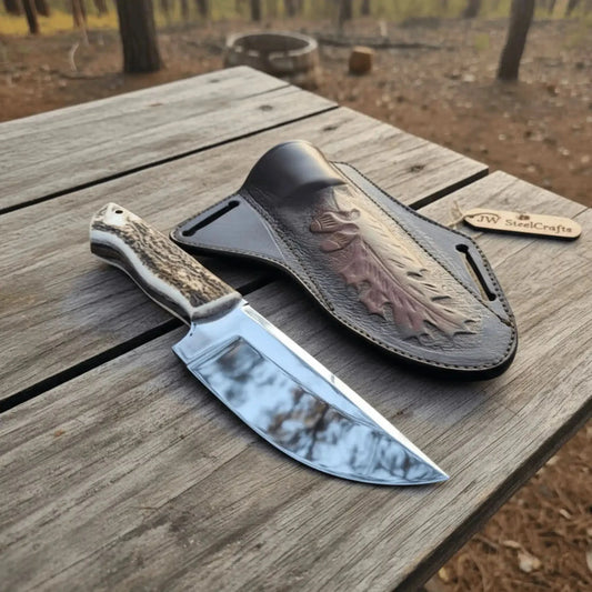 Stag Handle Hunting Knife – Stainless Steel or Damascus Blade | Leather Sheath | JW SteelCrafts