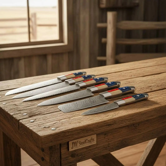 6-Piece Texas Flag Damascus Steak & Utility Knife Set — Pakka Wood & Bone Handles