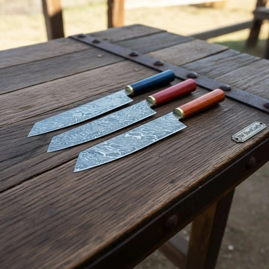 3-Piece Twisted Damascus Chef Knife Set — 9 Inch Blades, 14 Inch Overall, Multicolor Pakka Wood Handles & Brass Bolsters | JW Steel Crafts