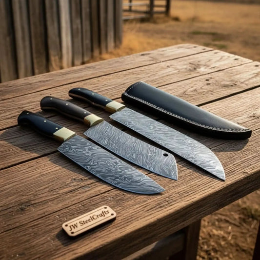 3 Piece Damascus Kitchen Knife Set, Gyuto, Santoku and Utility Knife, Handmade Damascus Steel Blades with Brass Bolsters and Black Handles, JW SteelCrafts