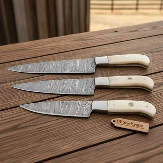 Hammer-Forged Twisted Damascus 4-Piece Steak Knife Set — Camel Bone Handles, Steel Bolster, Full Tang Dining Knives