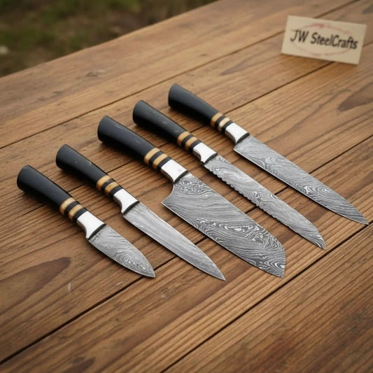 5-Piece Handmade Damascus Kitchen Knife Set with Chef, Santoku, Utility, Carving, Paring Knives