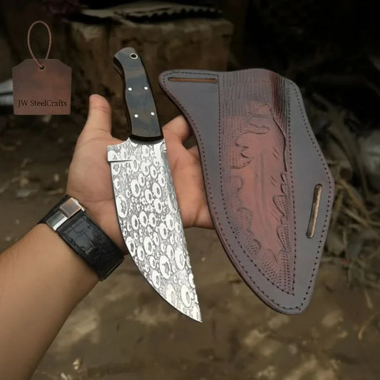 Hand-Forged Hammered Blade Knife | Walnut Grip & Belt Sheath