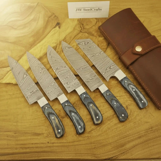 5-Piece Damascus Japanese-Style Knife Set — Chef, Santoku, Utility, Nakiri, Paring Blades