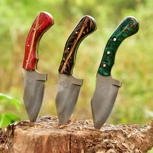 Acid Washed High Carbon Steel Hunting Knife — Pinecone Resin Handle in Red, Black or Green with Leather Sheath